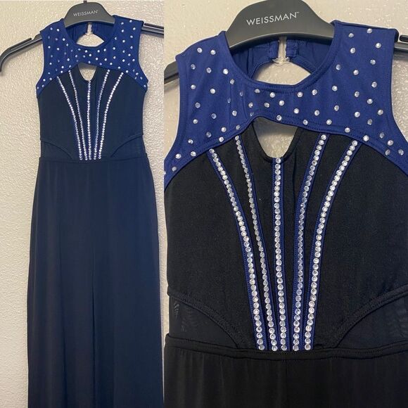 Weissman solo custom dance costume black blue jersey Flare Leg Unitard 15930  MC - Picture 1 of 11